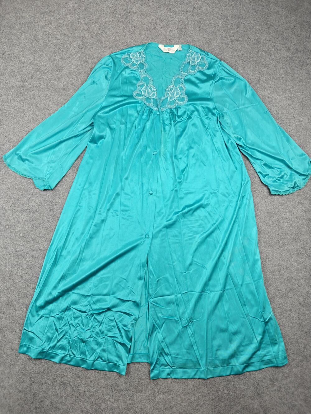 Vintage Ashley Amos Robe Womens L Blue Satin Kimono Lightweight V-Neck Button